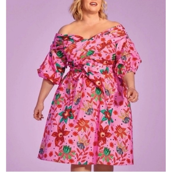 Eloquii Pink Floral Off Shoulder Dress with Self Tie Belt - Women's Size 18 - Picture 1 of 7